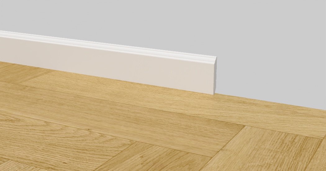 Soklova lista BUKOMA PROFI-80 Bila s podlahou NEOERA 3D TEX Herringbone U-CLICK Dub Karamelový